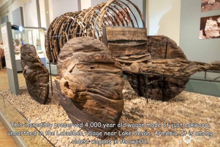 wood - This incredibly preserved 4,000 year old wagon made of just oakwood, unearthed in the Lchashen village near Lake Sevan, Armenia. It is among oldest wagons in the world. Overlanet Noua