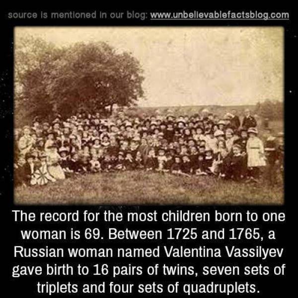 most kids by one woman - source is mentioned in our blog The record for the most children born to one woman is 69. Between 1725 and 1765, a Russian woman named Valentina Vassilyev gave birth to 16 pairs of twins, seven sets of triplets and four sets of qu