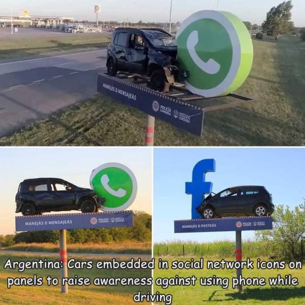 random pics and cool photos - road - Waxes O Mensayers Voca Am Manejas O Mensajes pouch Manbas Opostes Argentina Cars embedded in social network icons on panels to raise awareness against using phone while driving