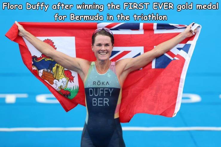 funny pics and memes - Olympic Games Tokyo 2020 - Flora Duffy after winning the First Ever gold medal for Bermuda in the triathlon Roka Duffy Ber