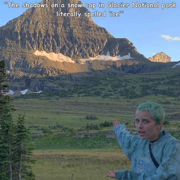 wilderness - "The shadows on a snow cap in Glacier National park literally spelled 'ice"