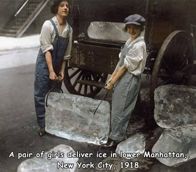 colorized history - A pair of girls deliver ice in lower Manhattan, New York City. 1918