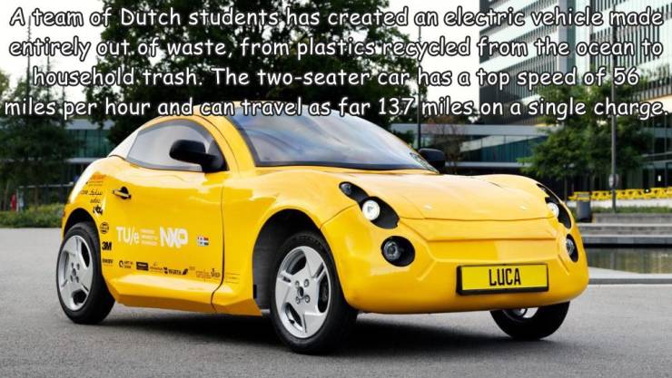 luca car - A team of Dutch students has created an electric vehicle made entirely out. of waste, from plastics recycled from the ocean to household, frash. The twoseater car has a top speed of 56 ... miles per hour and can travel as far 13,7 miles on a si