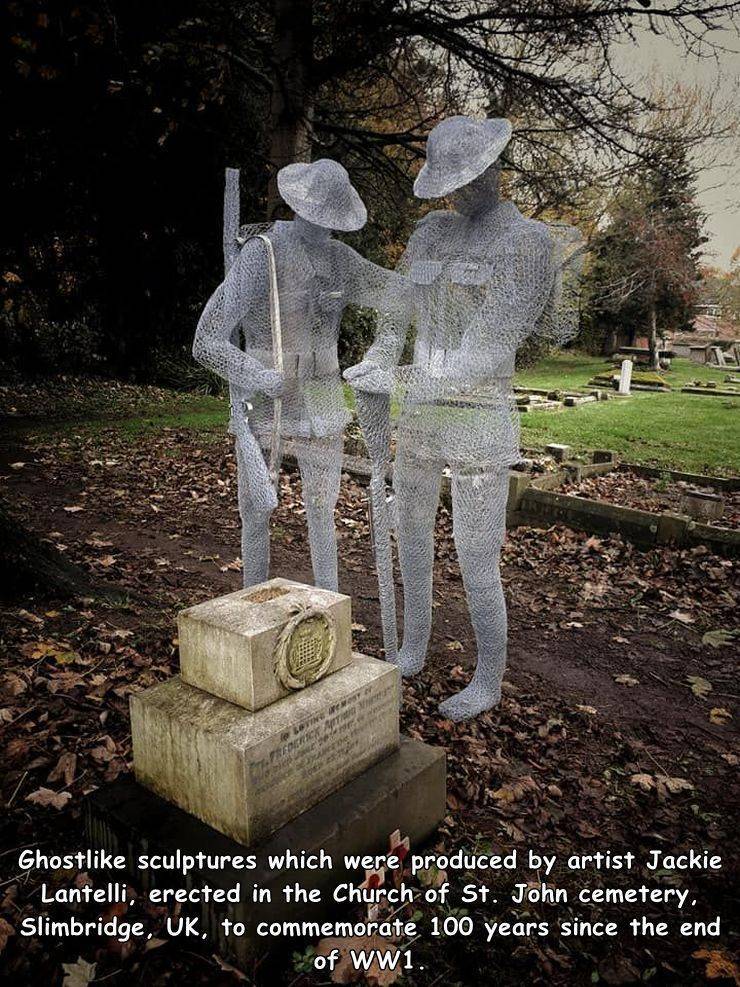 anzac day ghost - ser . Of Ghost sculptures which were produced by artist Jackie Lantelli, erected in the Church of St. John cemetery. Slimbridge, Uk, to commemorate 100 years since the end of ww1.