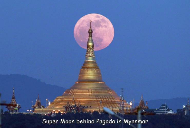 shwedagon pagoda - Super Moon behind Pagoda in Myanmar