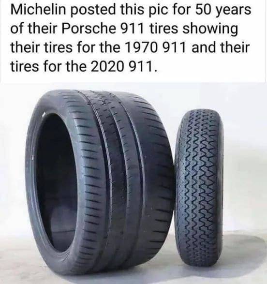 porsche 911 1970 tires - Michelin posted this pic for 50 years of their Porsche 911 tires showing their tires for the 1970 911 and their tires for the 2020 911.