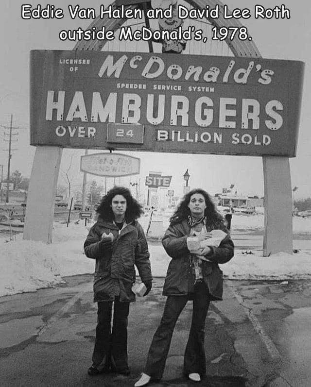 eddie van halen and david lee roth - Eddie Van Halen and David Lee Roth outside McDonald's, 1978. Licensee Of MCDonald's Hamburgers Spede Service System Over Billion Sold Site