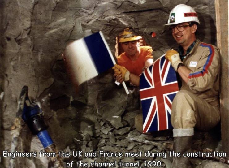 english french channel tunnel - Engineers from the Uk and France meet during the construction of the channel tunnel, 1990.