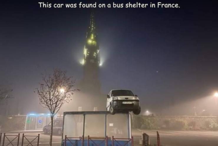 landmark - This car was found on a bus shelter in France. a