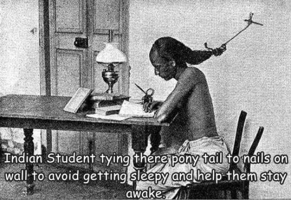 university madras 1948 - Indian Student tying there pony tail to nails on wall to avoid getting sleepy and help them stay awake.