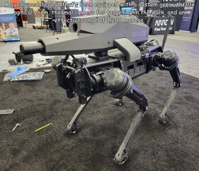 fascinating photos - fun randoms - Robot - A quadrupedal robot that's been equipped with a custom gun withit30x optical zoom, thermal camera for targeting in the dark, and an help effective range of 1,200 meters. Mwv Five Year Wd