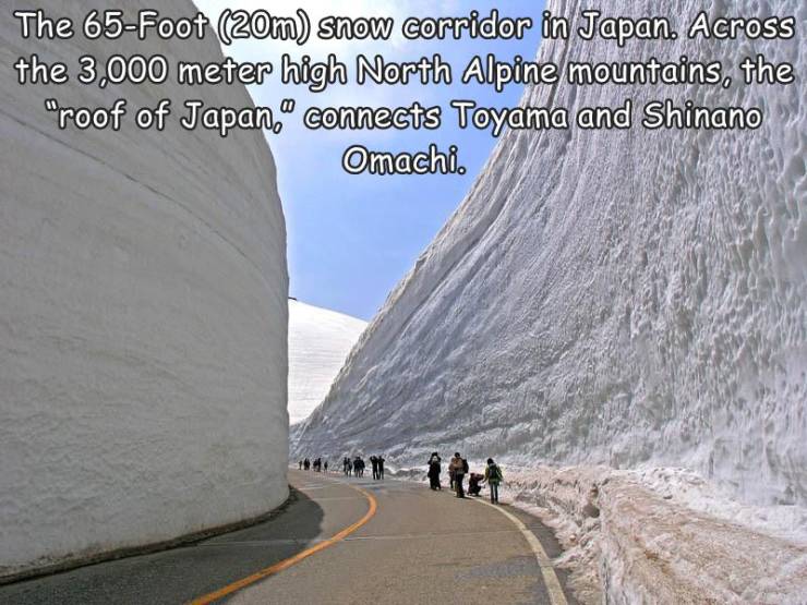 snow in japan - The 65Foot 20m snow corridor in Japan. Across the 3,000 meter high North Alpine mountains, the "roof of Japan," connects Toyama and Shinano Omachi.