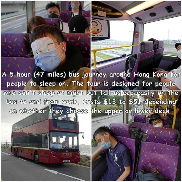 bus - Ep Quilt A 5 hour 47 miles bus journey around Hong Kong for people to sleep on. The tour is designed for people who can't sleep at night but fall asleep easily on the bus to and from work. Costs $13 to $51 depending on whether they choose the upper