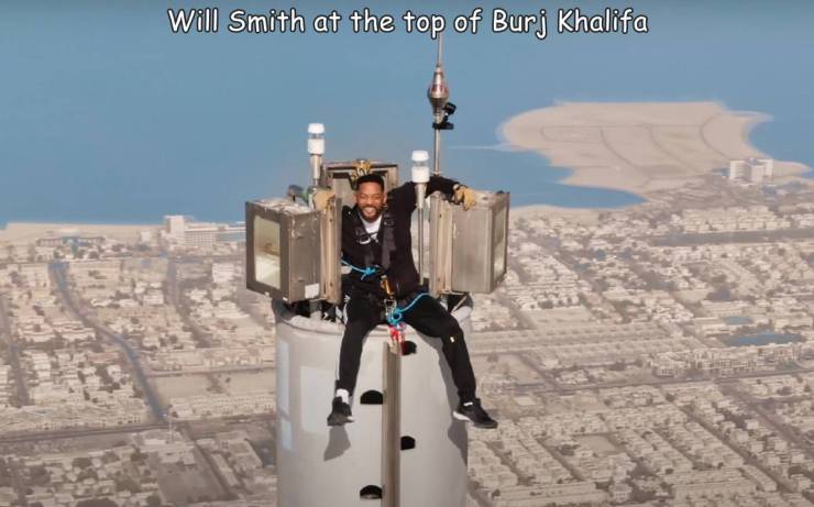 fun killer pics - sky - Will Smith at the top of Burj Khalifa