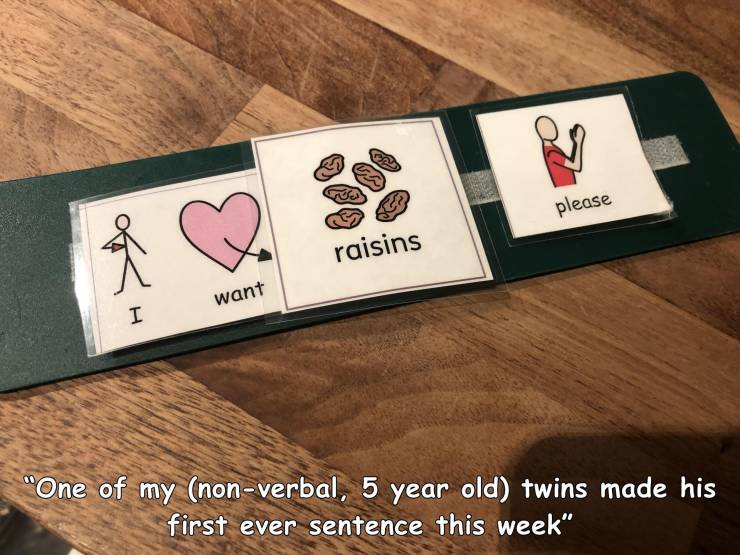 label - please raisins want I One of my nonverbal, 5 year old twins made his first ever sentence this week"