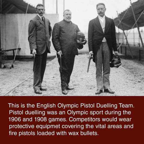 cool photos - sir cosmo duff gordon - This is the English Olympic Pistol Duelling Team. Pistol duelling was an Olympic sport during the 1906 and 1908 games. Competitors would wear protective equipmet covering the vital areas and fire pistols loaded with w