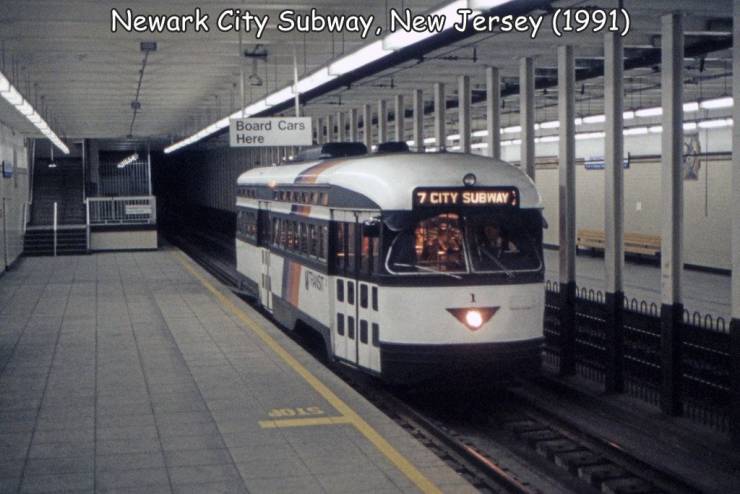 cool photos - train station - Newark City Subway, New Jersey 1991 Board Cars Here 7 City Subway A 1000