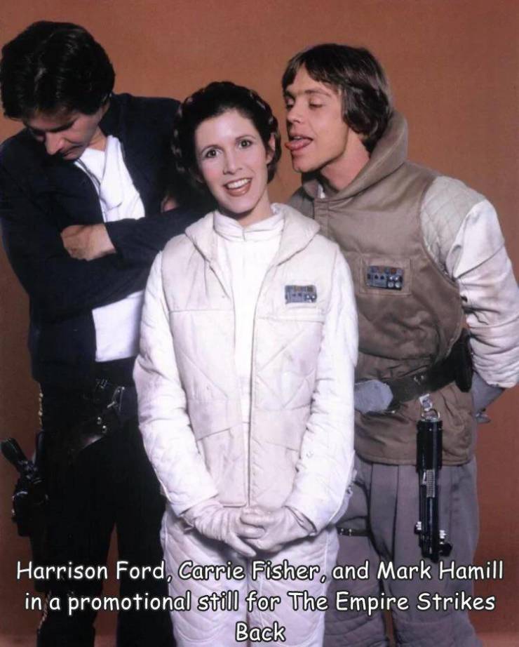 fun randoms - carrie fisher mark hamill harrison ford - Harrison Ford, Carrie Fisher, and Mark Hamill in a promotional still for The Empire Strikes Back