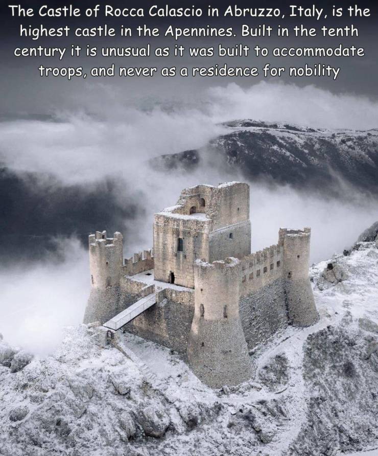 fun randoms - winter - The Castle of Rocca Calascio in Abruzzo, Italy, is the highest castle in the Apennines. Built in the tenth century it is unusual as it was built to accommodate troops, and never as a residence for nobility