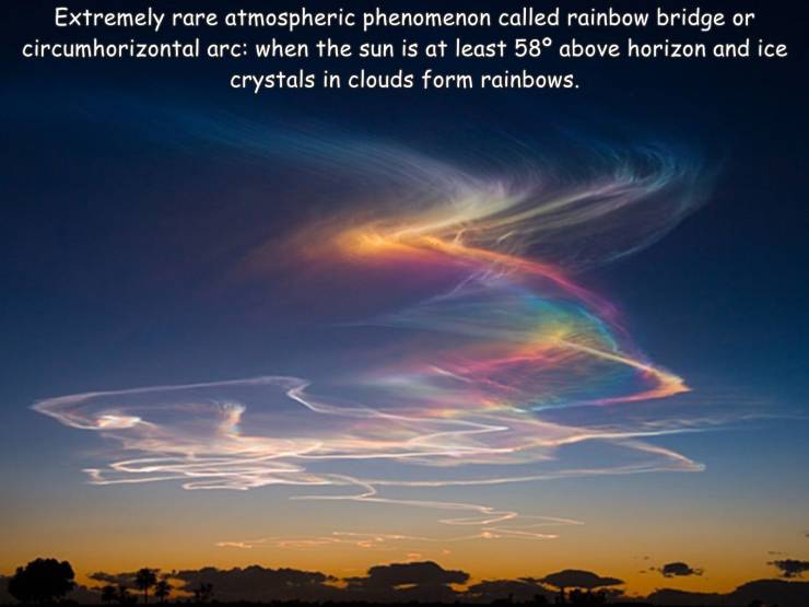 fire rainbow - Extremely rare atmospheric phenomenon called rainbow bridge or circumhorizontal arc when the sun is at least 58 above horizon and ice crystals in clouds form rainbows.