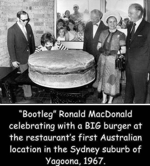 fun randoms - first mcdonald's opened in australia - "Bootleg" Ronald MacDonald celebrating with a Big burger at the restaurant's first Australian location in the Sydney suburb of Yagoona, 1967.