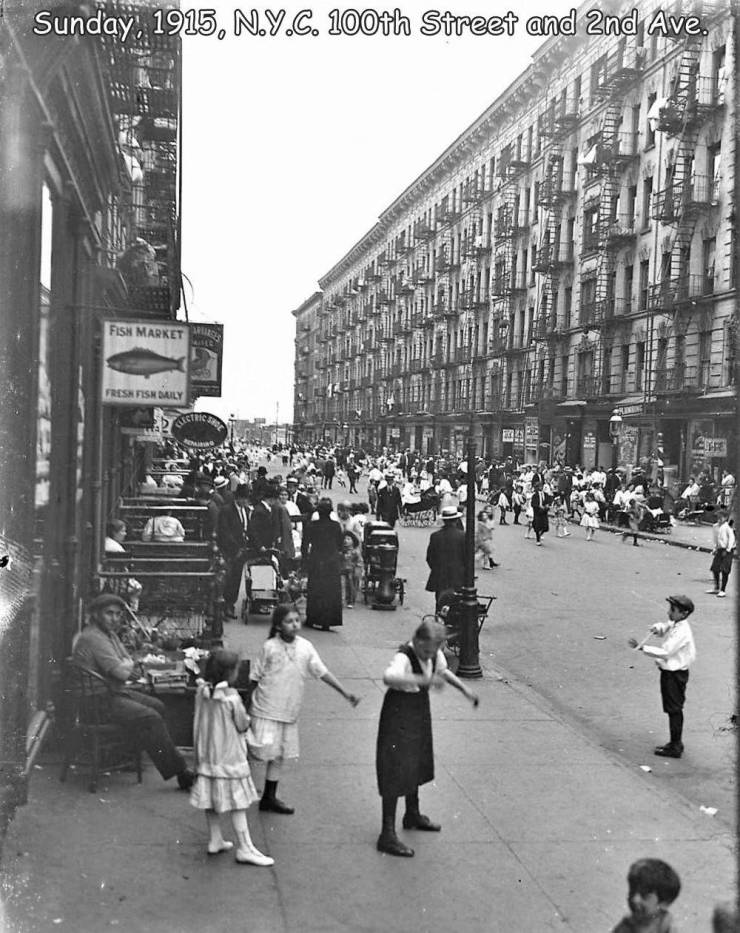 fun randoms - urban area - Sunday, 1915, N.Y.C. 100th Street and 2nd Ave. Llenas Niet Fish Markets Le Fresh Fish Daily Wang