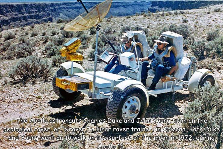 fun randoms - apollo training - The Apollo astronauts Charles.Duke and John Young train on the geological rover, or "Grover." a lunar rover trainer, in Arizona. Both Duke and Young went on to walk on the surface of the moon in 1972, during Apollo 16.