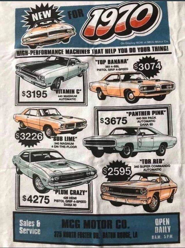fun randoms - 1970s car ads - New For 1970 On Disgdory Ncw Mcg Motor Co. HighPerformance Machines That Help You Do Your Thing! "Top Banana" Pistol Grip 4Speed $3074 383 4Bel C $3195 Vitamin C 440 Magnum Automatic "Panther Pink $3675 440 Sex Pack Automatic