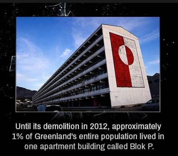 fun randoms - Until its demolition in 2012, approximately 1% of Greenland's entire population lived in one apartment building called Blok P.