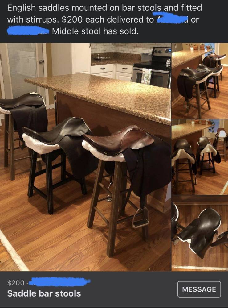 fun randoms - floor - English saddles mounted on bar stools and fitted with stirrups. $200 each delivered to Middle stool has sold. or $200 Saddle bar stools Message