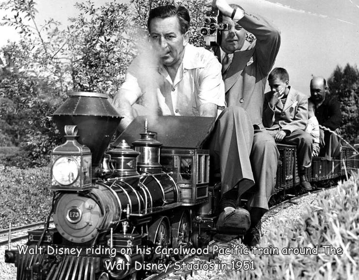 fun randoms - car - 073 Walt Disney riding on his Carolwood Pacific train around The Walt Disney Studios in 1951