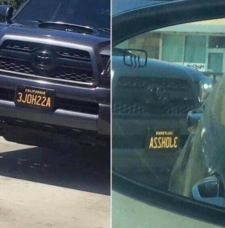 fun randoms - license plate in mirror - California 3JOH22A Asshole