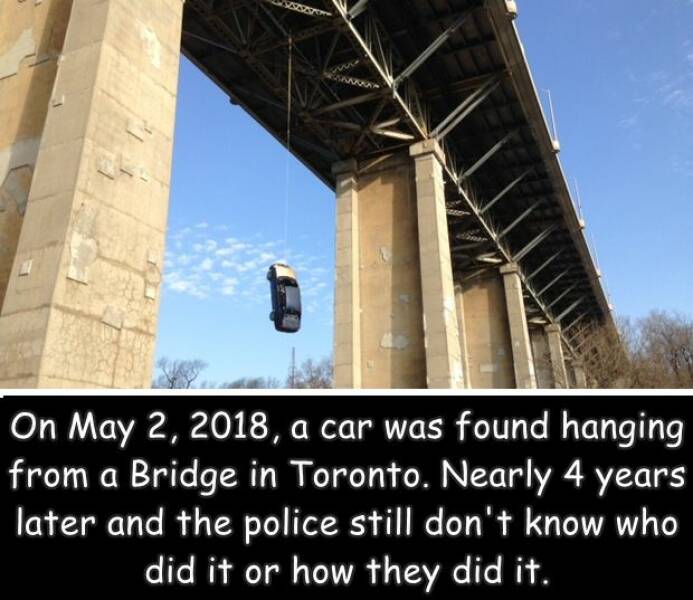 fun randoms - spiderman car bridge - a On , a car was found hanging from a Bridge in Toronto. Nearly 4 years later and the police still don't know who did it or how they did it.
