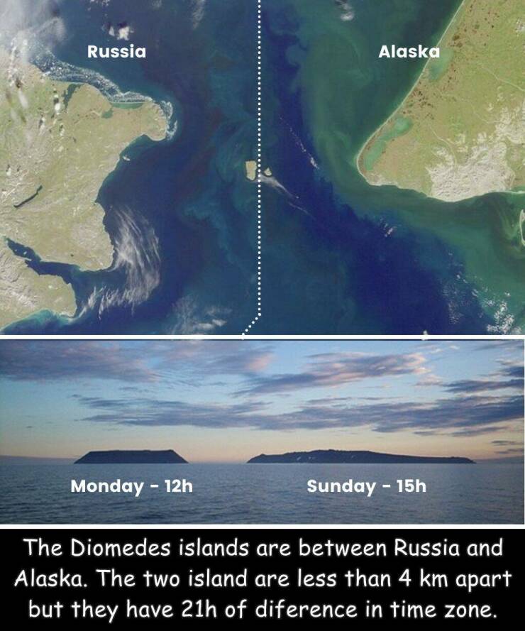 fun randoms Russia Alaska Monday 12h Sunday 15h The Diomedes islands are between Russia and Alaska. The two island are less than 4 km apart but they have 21h of diference in time zone.
