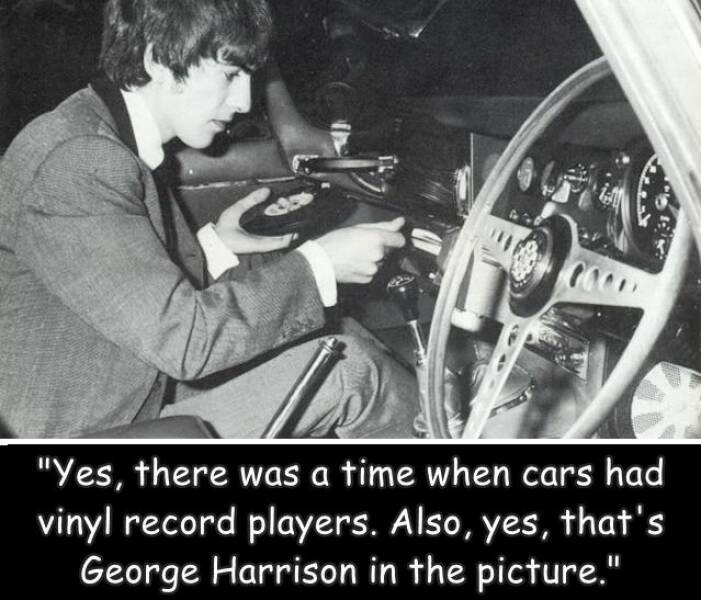 fun randoms - record players in cars - "Yes, there was a time when cars had vinyl record players. Also, yes, that's George Harrison in the picture."