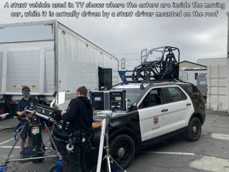 fun randoms - automobile repair shop - A stunt vehicle used in Tv shows where the actors are inside the moving car, while it is actually driven by a stunt driver mounted on the roof >> Police