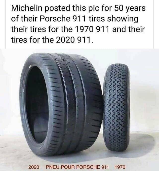 fun randoms - 1970 porsche 911 tires - Michelin posted this pic for 50 years of their Porsche 911 tires showing their tires for the 1970 911 and their tires for the 2020 911. 2020 Pneu Pour Porsche 911 1970