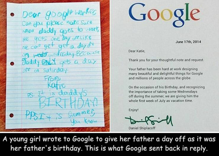 fun randoms - funny photos - google new - Google June 17th, 2014 Dear google worked Can you please note sure when daddy goes to work, He gets one day off he can get get a day of a weda a dosday. Because Tadily Only gets a day off a suderday From Katie os.