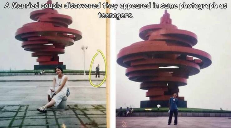 fun randoms - funny photos - winds of may sculpture - A Married couple discovered they appeared in same photograph as teenagers.