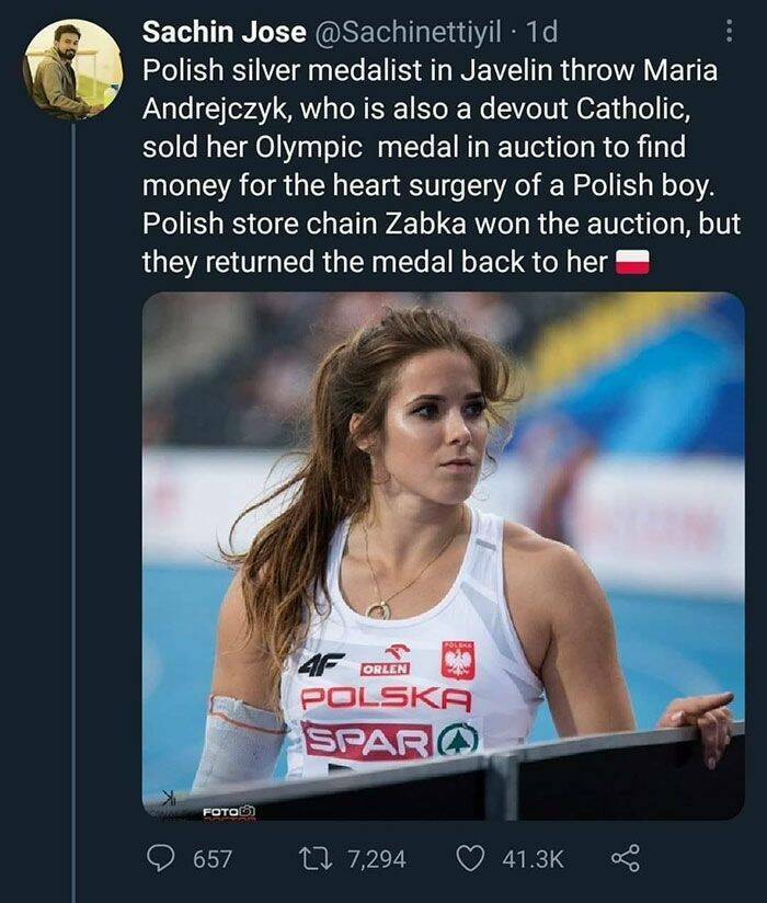 fun randoms - maria andrejczyk - Sachin Jose 1d Polish silver medalist in Javelin throw Maria Andrejczyk, who is also a devout Catholic, a sold her Olympic medal in auction to find money for the heart surgery of a Polish boy. Polish store chain Zabka won 