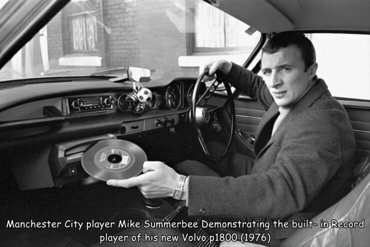 cool random photos - mike summerbee car record player - Manchester City player Mike Summerbee Demonstrating the builtin Record player of his new Volvo p1800 1976