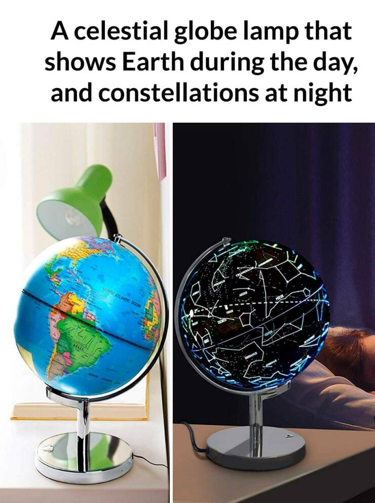 cool random photos - globe - A celestial globe lamp that shows Earth during the day, and constellations at night ap North Atlantic Ocean