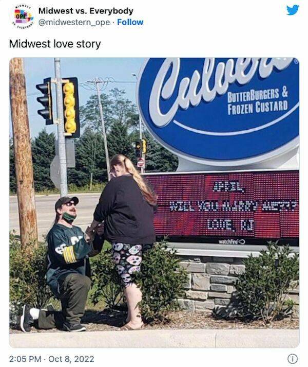 daily dose of randoms -  culver's meme - Ope Midwest vs. Everybody . Midwest love story Calour Butterburgers& Frozen Custard Will You Marry watchfire