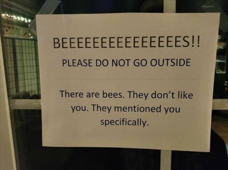 daily dose of pics - signage - Beeeeeeeeeeeeeees!! Please Do Not Go Outside There are bees. They don't you. They mentioned you specifically.