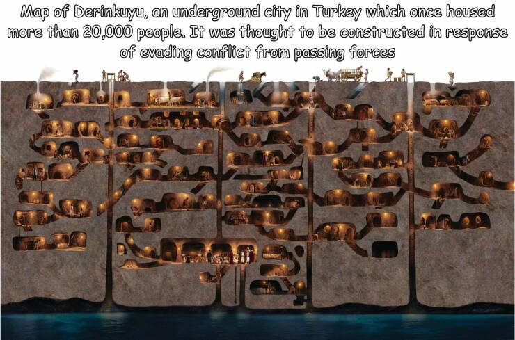 daily dose of pics - kaymakli underground city - Map of Derinkuyu, an underground city in Turkey which once housed more than 20,000 people. It was thought to be constructed in response of evading conflict from passing forces 1.50