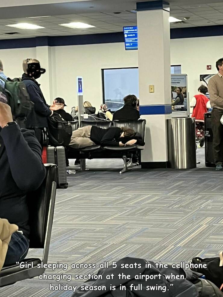 cool pics and memes  - vehicle - Kenai "Girl sleeping across all 5 seats in the cellphone charging section at the airport when holiday season is in full swing."