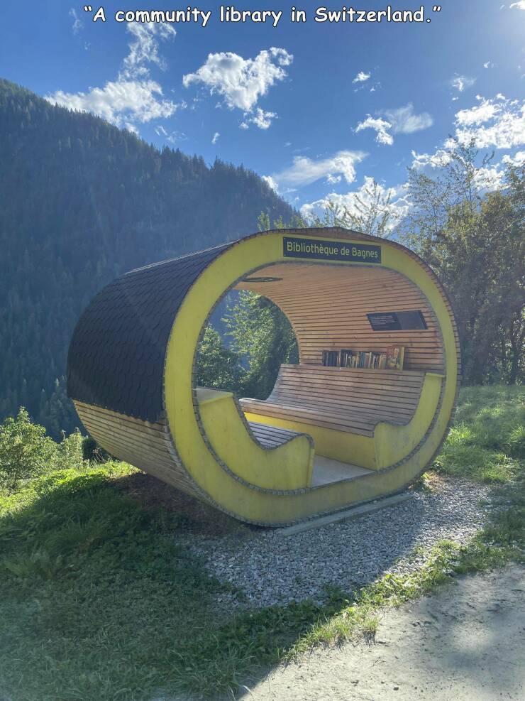 cool pics and memes  - grass - "A community library in Switzerland." Bibliothque de Bagnes