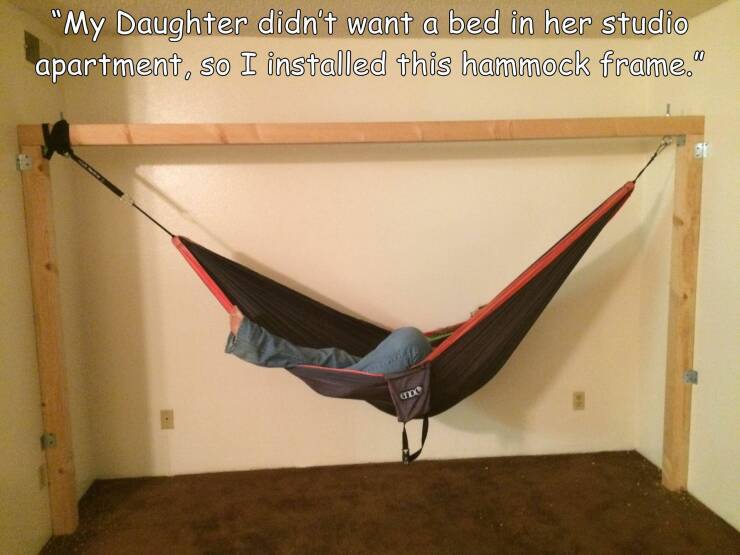 cool random pics - hammock - "My Daughter didn't want a bed in her studio apartment, so I installed this hammock frame." Six
