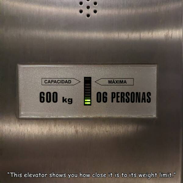 monday morning randomness - electronics - Capacidad Maxima 600 kg 06 Personas "This elevator shows you how close it is to its weight limit."