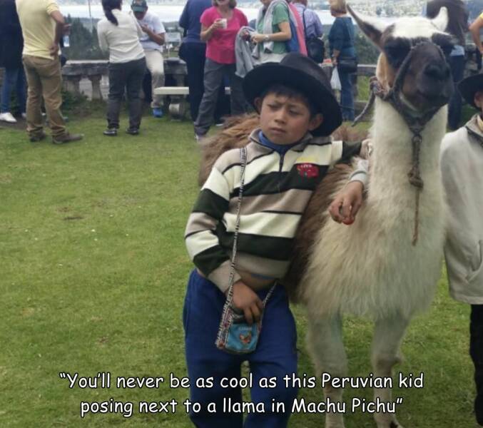 cool random pics - llama - "You'll never be as cool as this Peruvian kid posing next to a llama in Machu Pichu"